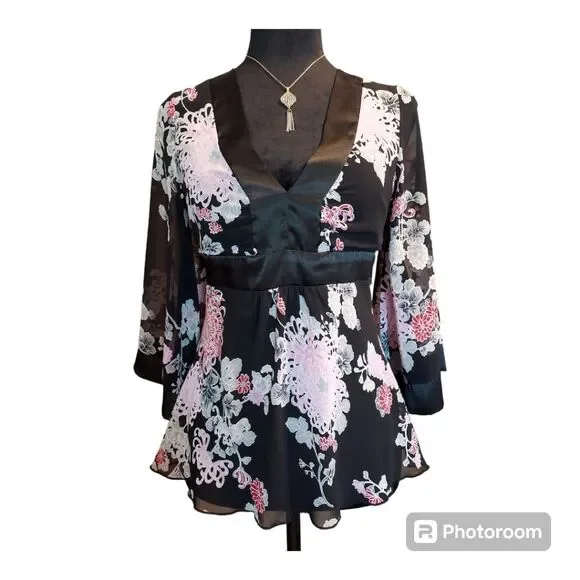 Twenty One Black & Pink Floral 3/4 Sleeve Tie Back V-Neck Kimono Blouse Size S - Picture 2 of 10